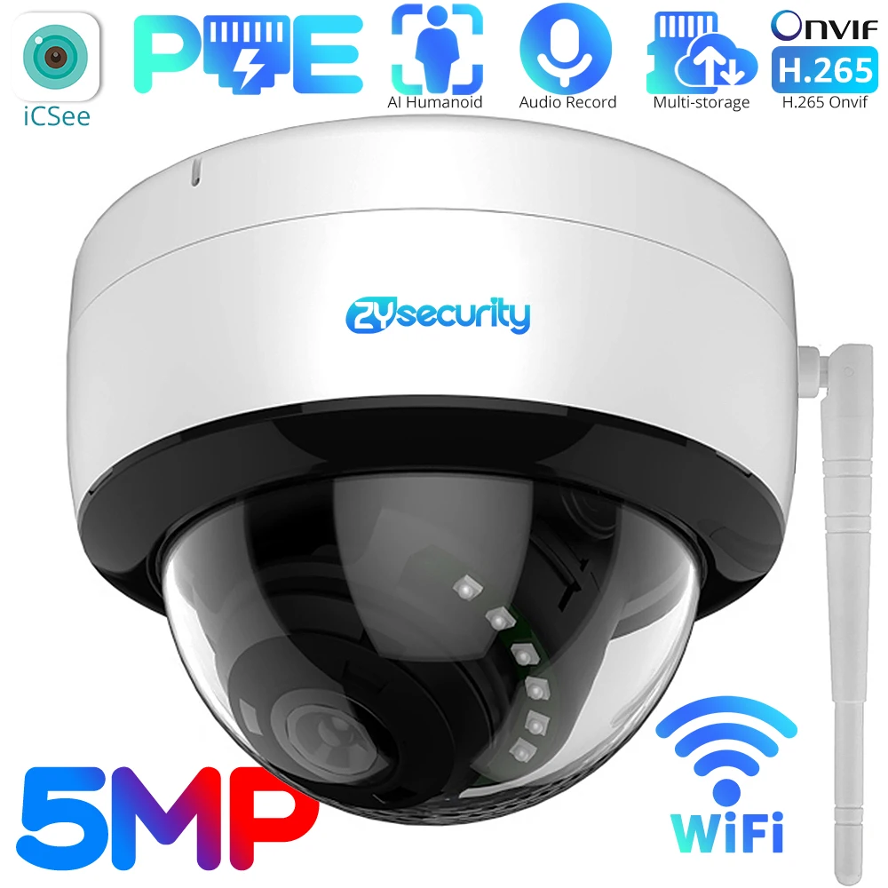 

5MP WiFi PoE Dome IP Camera Indoor H.265 AI Human Detect Cloud Storage Audio Record 2.8mm Lens CCTV Security Surveillance Camera