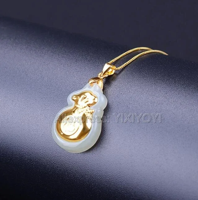 Natural White Hetian Jade + 18K Solid Gold Inlaid Carved Money Bag Lucky Pendant + Free Necklace Fine Jewelry + Certificate