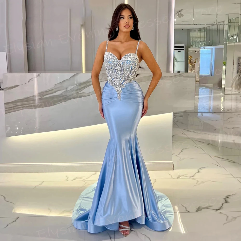 Elegant Blue Women's Mermaid Sexy Evening Dresses Spaghetti Strap Beaded Prom Gowns Sleeveless Formal Occasion Vestido De Noche