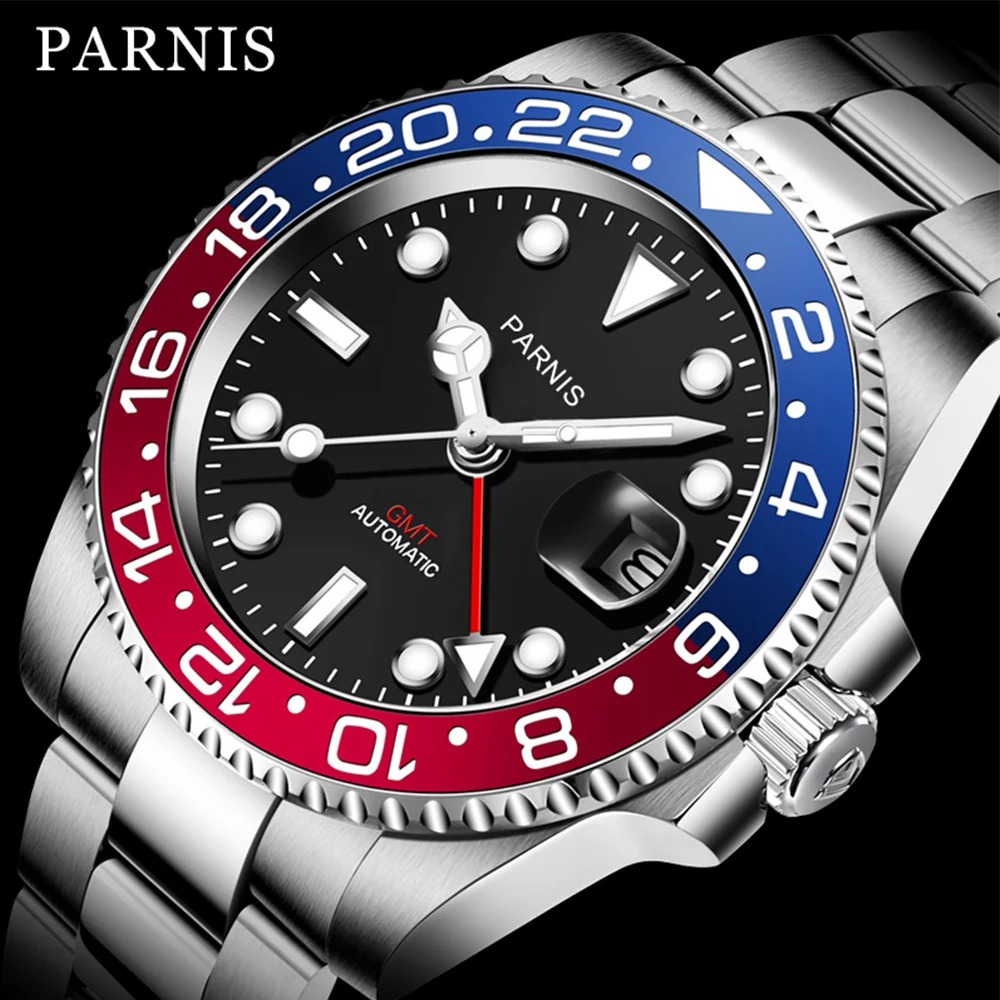 Parnis 40mm Men นาฬิกาข้อมือสแตนเลส GMT นาฬิกากระจกแซฟไฟร์
