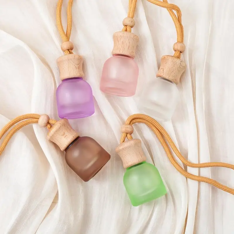 Frosted Perfume Glass Bottle With Wooden Caps 11ml Empty Car Air Freshener Pendant Refillable Car Essential Oil Diffuser Bottles