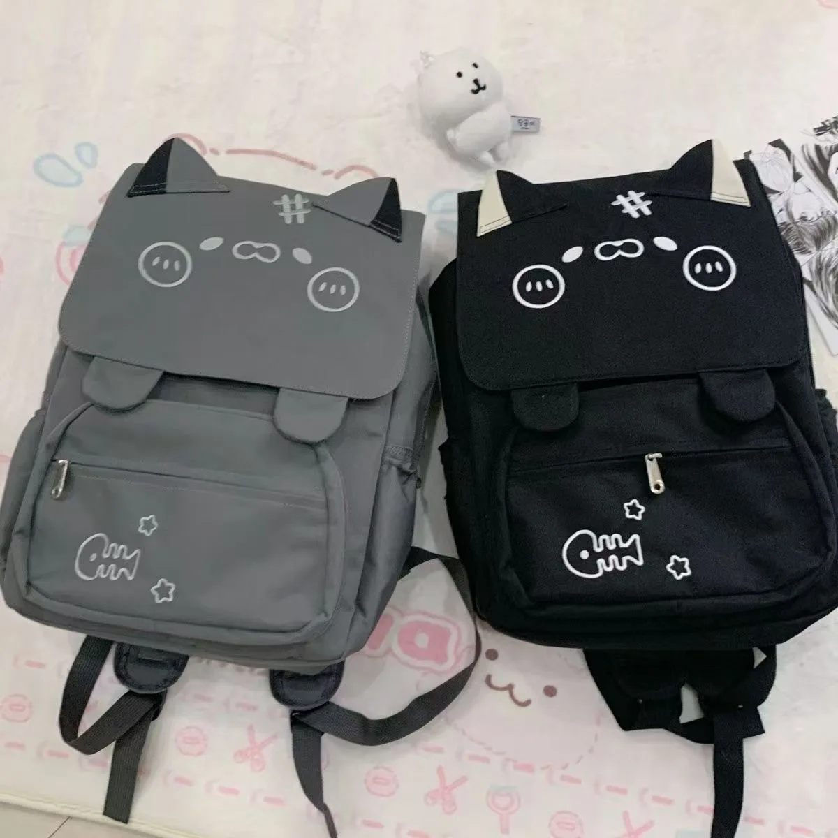 Cute Kitten Backpack Harajuku Kawaii Fish Cat Print Student School Bag Men Women Cartoon Popular Large Capacity Travel Backpack