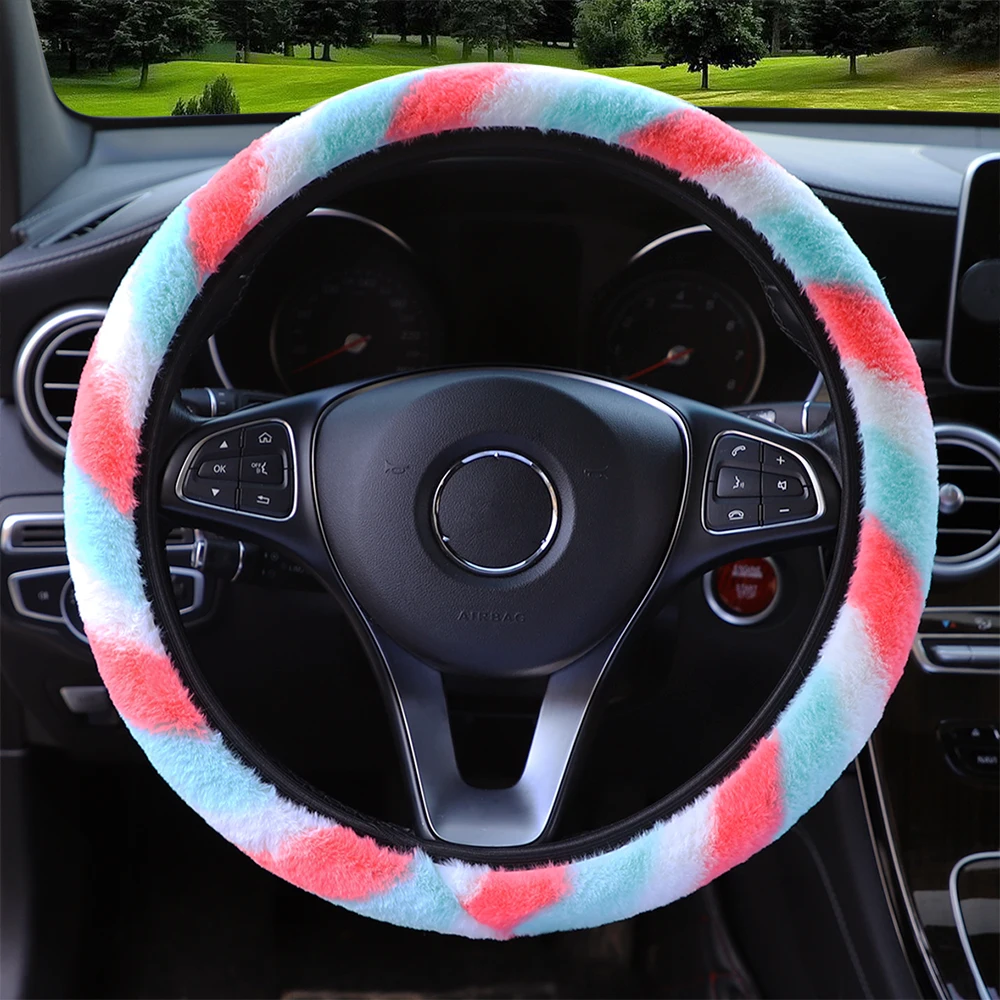 Winterwarmer Damen-Lenkradbezug aus handfarbigem, gestreiftem Plüsch, 14,5–15 Zoll, Auto-Innenzubehör, randlos – Detail 8