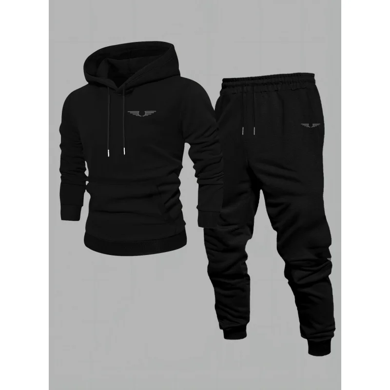 

Men's Comfortable Fleece-Lined Sweatshirt Sports Suit Black and red geometric pattern Autumn and winter casual streetwea