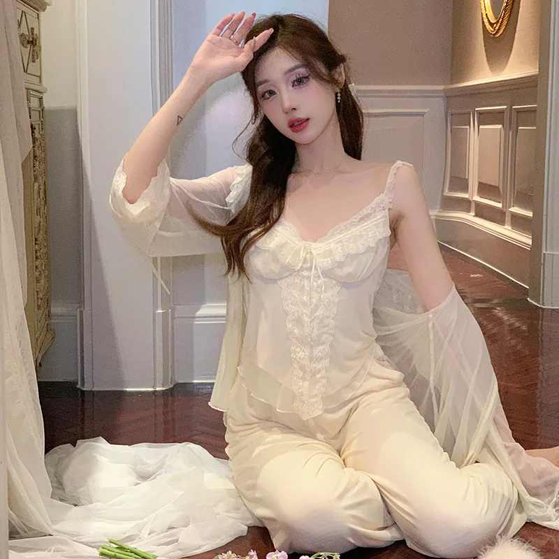 French women's pajamas spring and fall mesh sexy lace long-sleeved with cushion sling home pajamas three-piece set Apricot