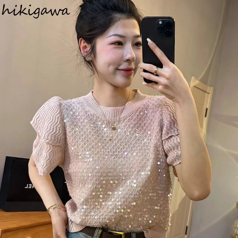 2024 Ropa Mujer Vintage donna t-shirt o-collo manica corta tinta unita Tees paillettes moda Casual maglia Tshirt camicie per le donne