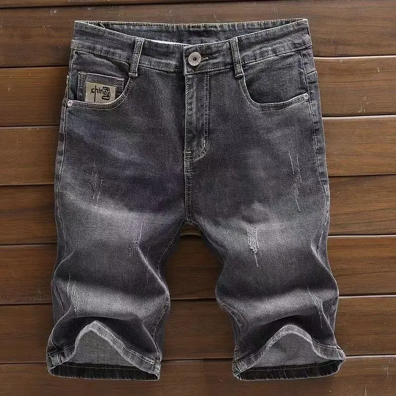 2025년 트렌디 고급 브랜드 남성용 하이엘라스틱 데님 반바지, 여름 얇은 트렌드 패치 자수 하프 워크 하프 팬츠