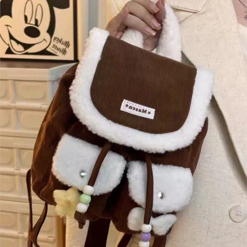 

Корейский ретро-рюкзак со звездным бантом, женский вельветовый рюкзак большой вместимости, женский рюкзак в стиле Харадзюку с плюшевой отделкой, цветные блоки, Mochilas Mujer Chic