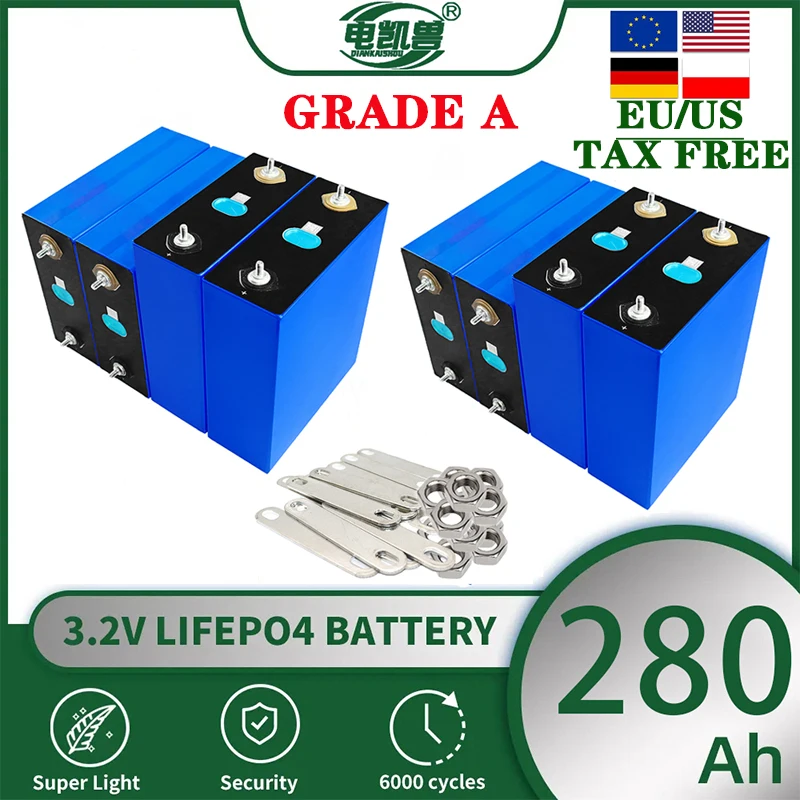 1-32pcs of new A-grade 3.2V 280Ah LiFePO4 rechargeable batteries suitable for DIY 12V 24V 48V electric vehicle RV solar system