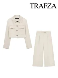 TRAFZA Fashionable Single-breasted Jacket Women's Short Casual Jacket + High-waisted Women's Office Zipper Trousers 2-piece Set