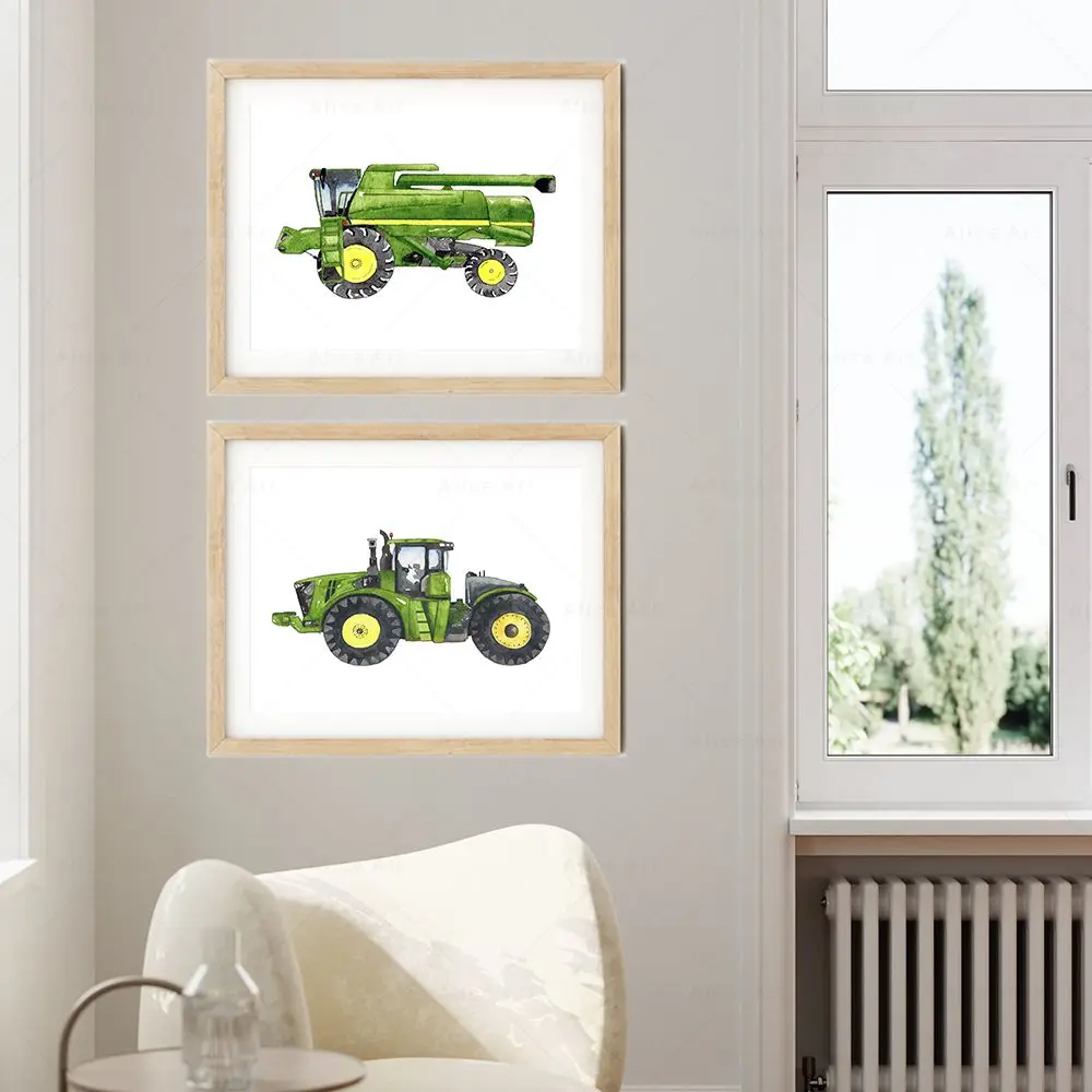 Green Tractor Poster Watercolor Nursery Farm Vehicle Prints Wall Art Canvas Painting Baby Kids Room Decor Nordic Wall Pictures