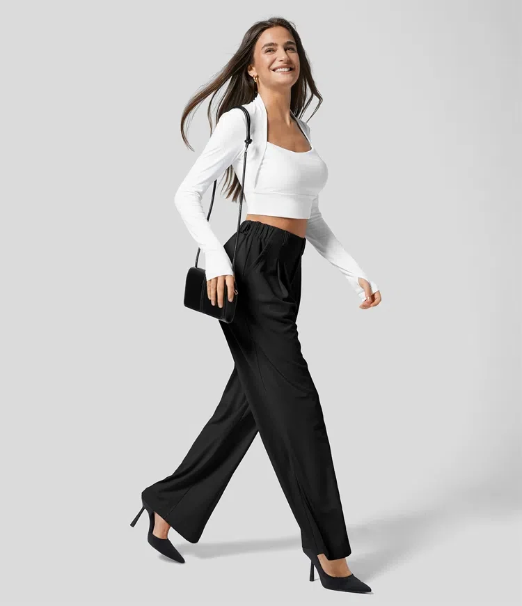 Damenhose, karierte, figurbetonte Hose mit weitem Bein und Taschen, hochtaillierte, lässige, figurbetonte Hose mit weitem Bein für Damen. – Detail 8
