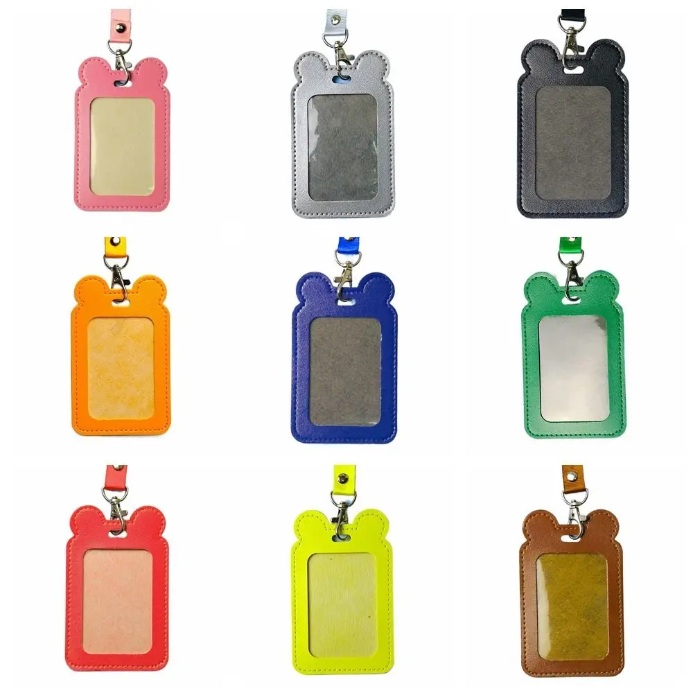 Portatarjetas de identificación portátil de dibujos animados, estuche para tarjetas de trabajo de gato de cuero PU, multifuncional con cordón, tarjetero de cuero PU para trabajo