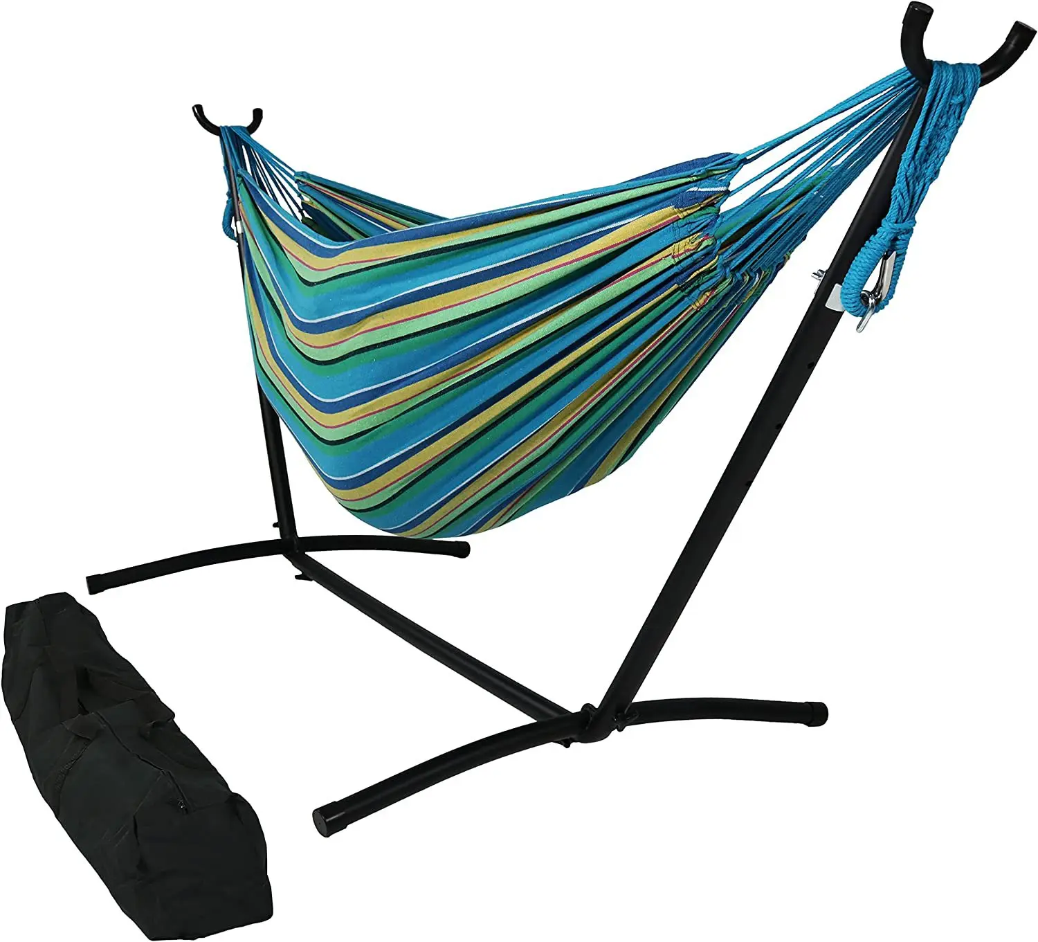 Basics Double Hammock with Space Saving Steel Stand and Carrying Case Green Stripe Design Adjustable Height for Camping Backyard