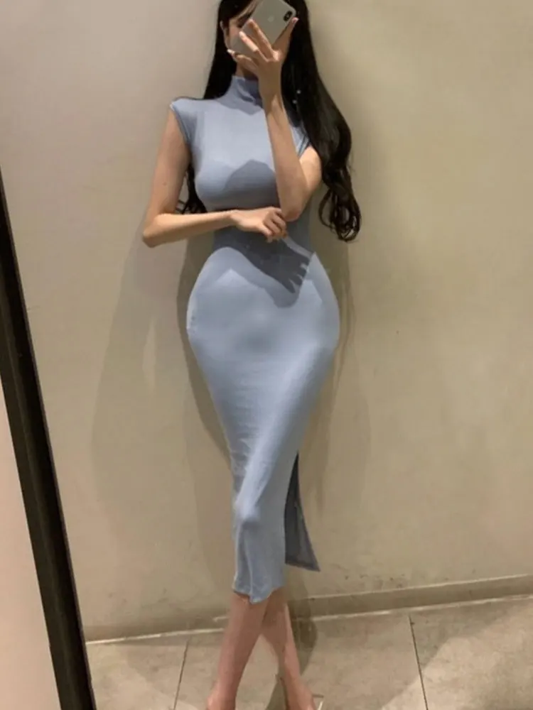 Sukienka damska Koreańska moda Sexy Slim Bez rękawów Pół szyi Wrap Hip Split Solid Dresses Summer 2024 Basic Mid Dress Vestido Mujer