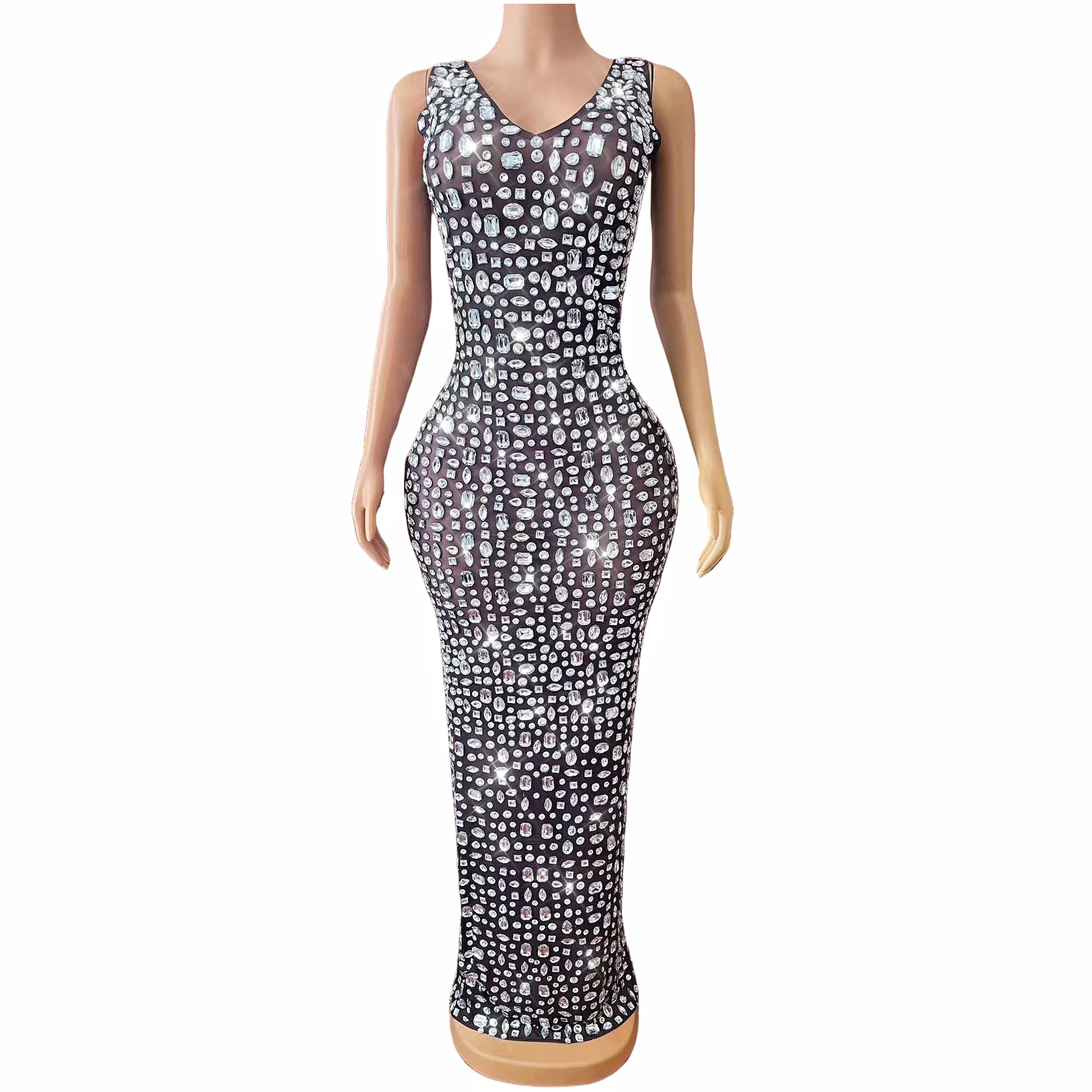 Simple style Shining Rhinestones Sexy Nude Mesh Dress Evening Birthday Celebrate Gown Red carpet Stage Elegant Outfit Baidou