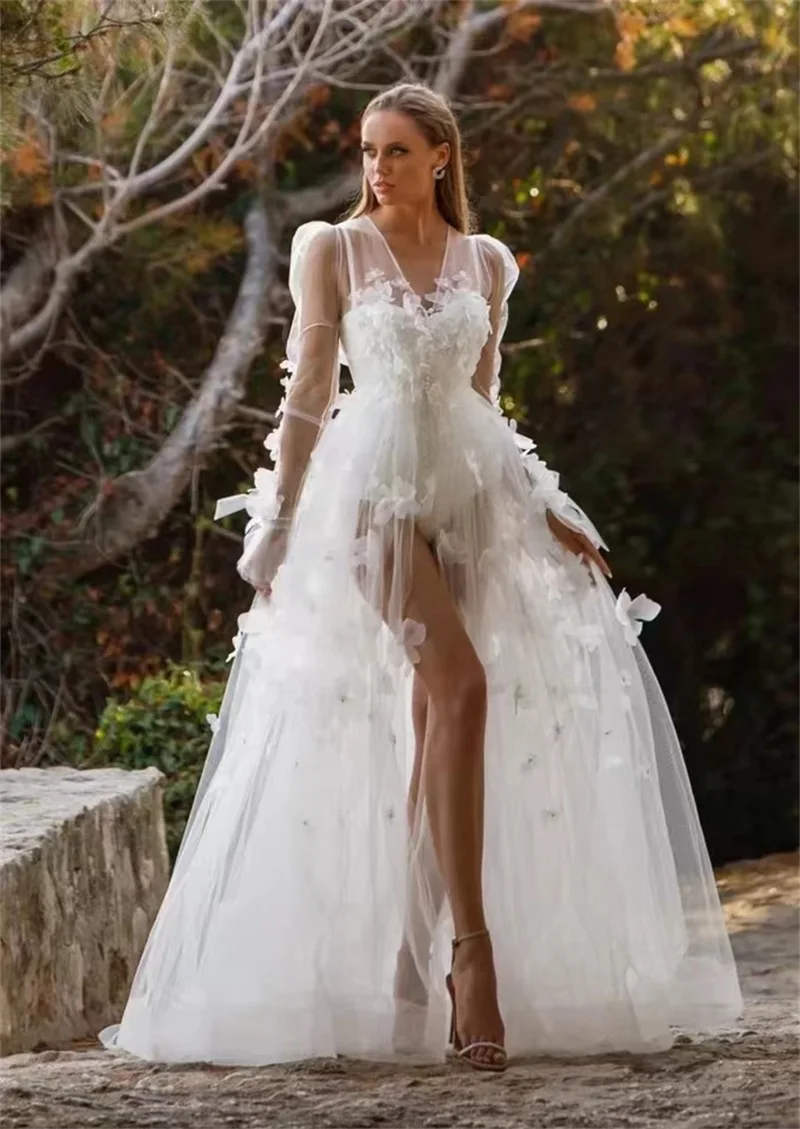 White Tulle Women Prom Dress Full Sleeves 3D Flower Wedding Bridal Party Robes Split Evening Gown Sleepwear Customized Skirt