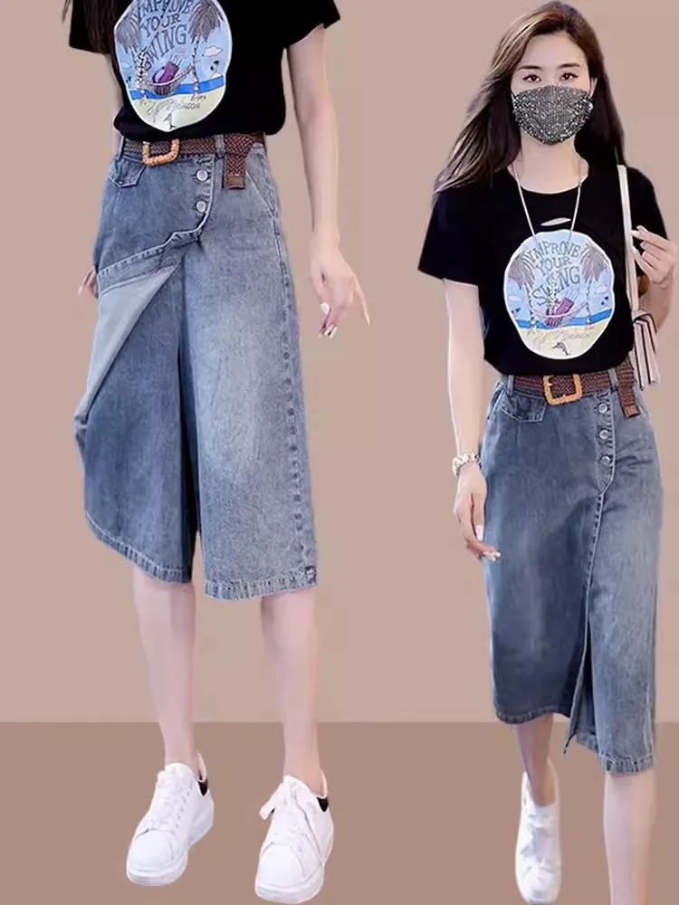 

Женские летние модные джинсовые брюки-юбка с высокой талией, широкими штанинами, до середины бедра, больших размеров, синие, из полиэстера, фасон «фонарик»