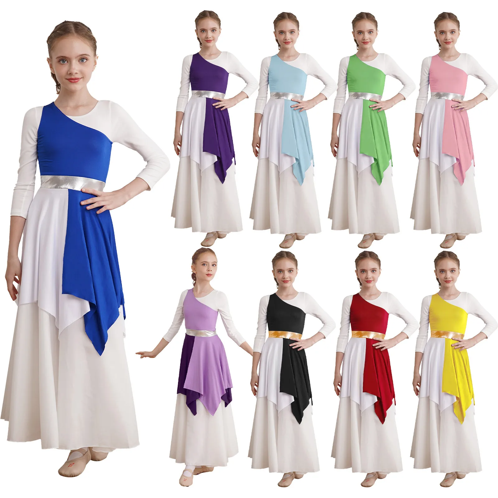 Bambini ragazze lirico elogio abito da ballo chiesa culto danza classica costumi asimmetrici Performance sala da ballo Dancewear