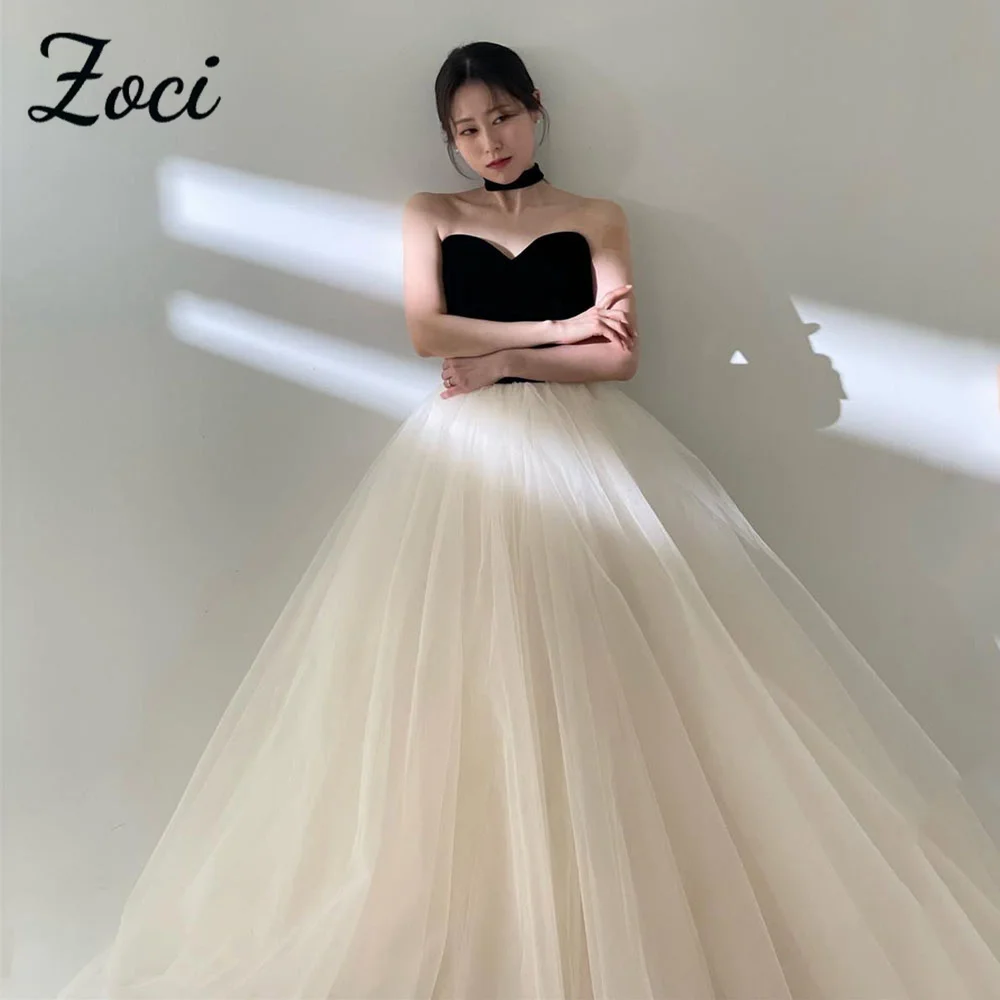 

Zoci Classic Black Top Korea Wedding Dresses A Line Strapless Photos Shoot Dress Customized Backless Floor Length Bridal Gown