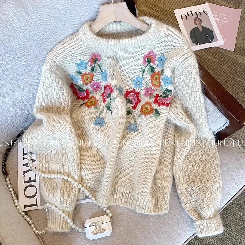 Women Autumn Winter Cashmere Knitted Top Embroidery Floral Pullovers Long Sleeve Classical Oversized Y2K Sweater Jumper F843