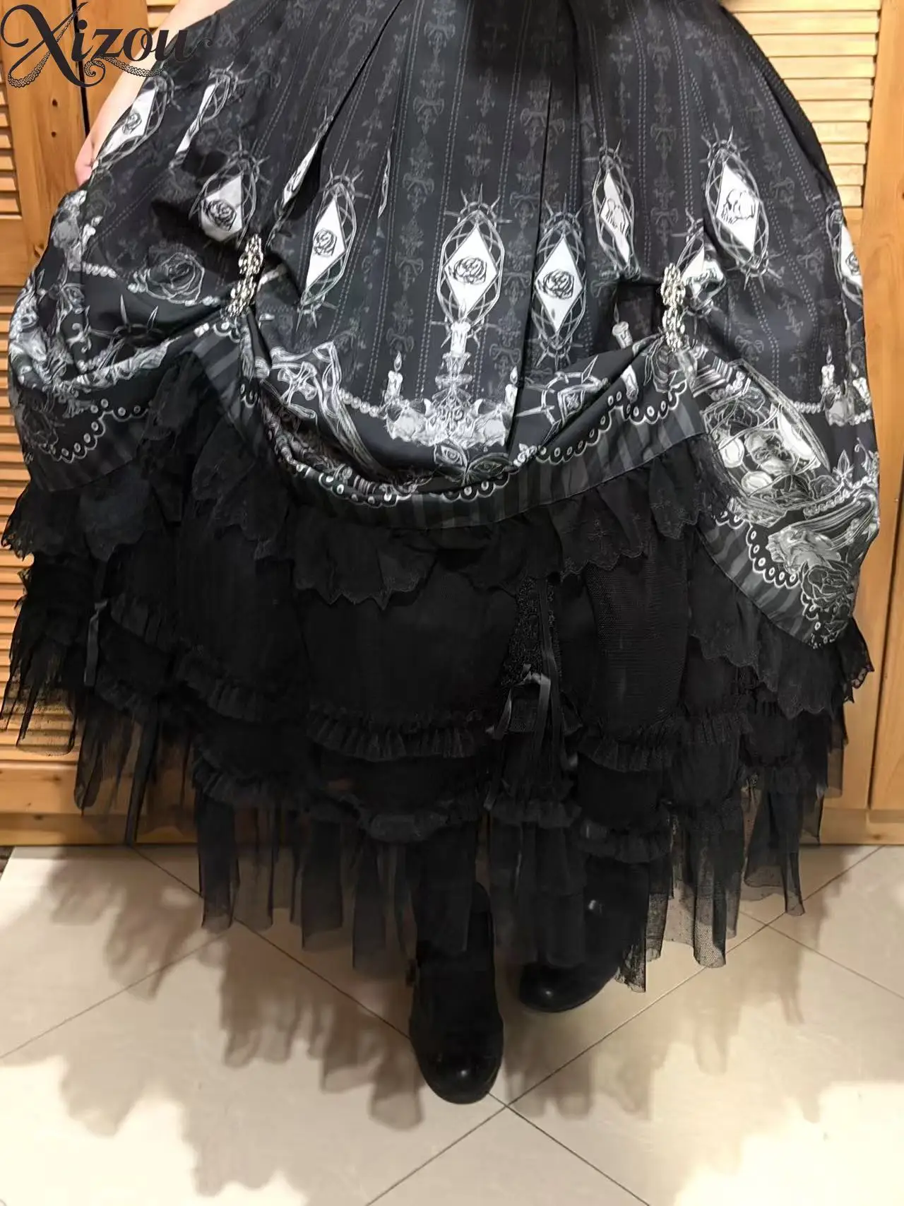 Original Gothic Lolita Jumper Skirt Sleeveless Square Neck Printed JSK Vest Big Bow Waist Lace Hem Dark Subculture Bear Rose