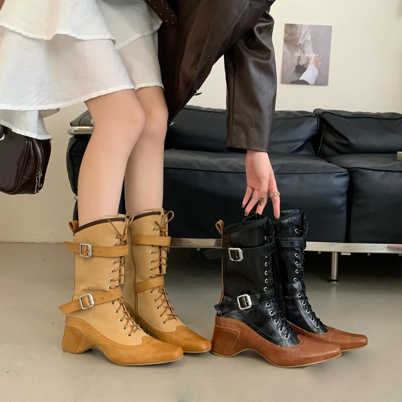 

Yellow Cowboy Boots Women Lace Up Belt Buckle Block Heels Mid-calf Western Boots Autumn Vintage Designer Shoes Black Botas Mujer