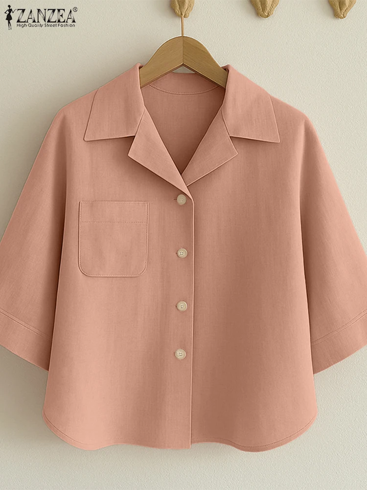 

ZANZEA Stylish Lapel Neck Shirts Women 2025 Autumn Three Quarter Sleeve Button Up Chemise Femme Casual Cotton Solid Color Tops