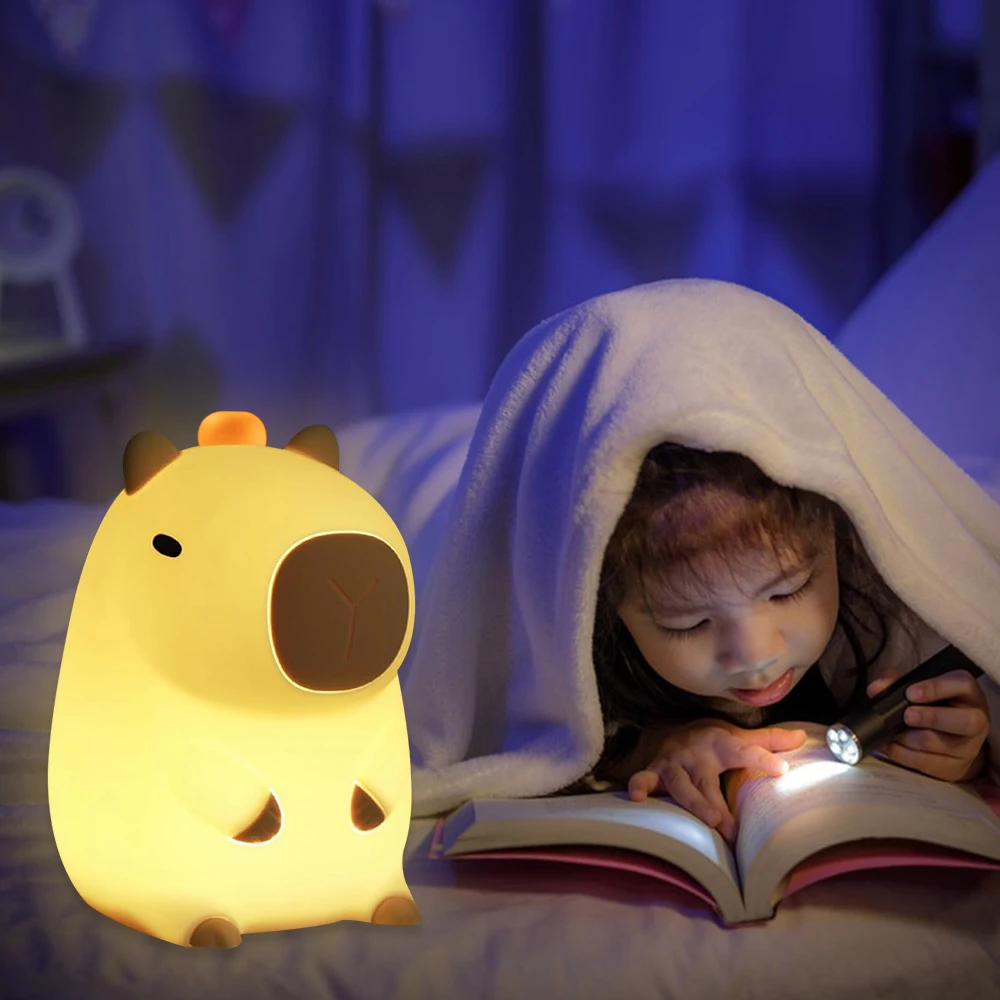 LED Capybara Night Light Cute Silicone USB Rechargeable Animal Lamp Touch Sensor Nightlight Children Kid Bedside Bedroom Decor