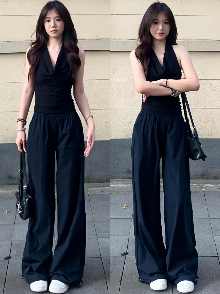 블루 하이웨이스트 스트레이트 레그 워크웨어 팬츠 여성 여름 얇은 퀵 드라이 스포츠 바지 아메리칸 레트로 슬리밍 플로어-...