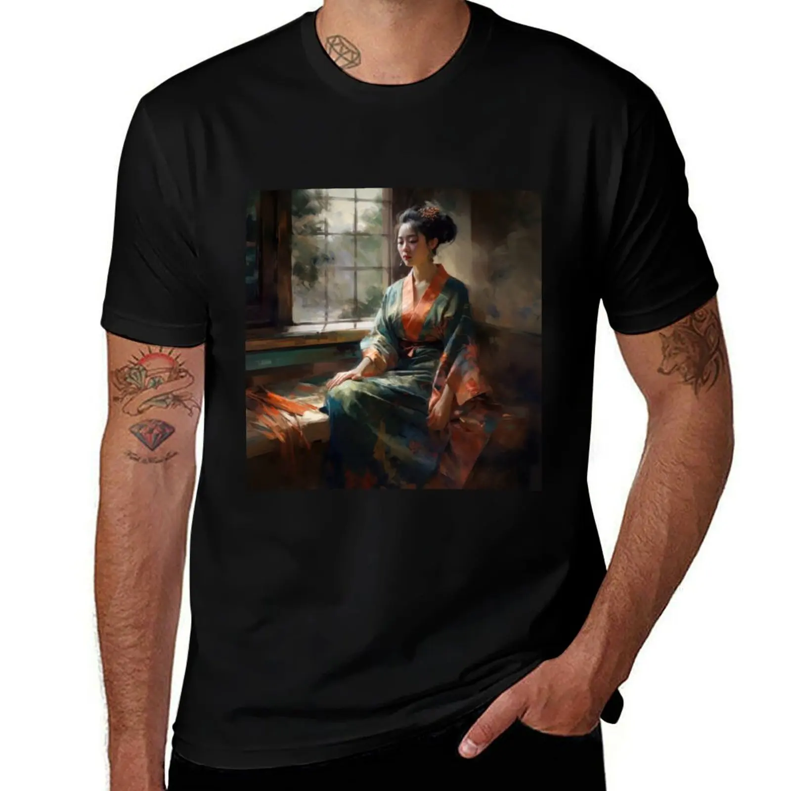 Lovely asian lady in contemplation at the end of her day T-Shirt Basic Short Sleeve for Men T-Shirt