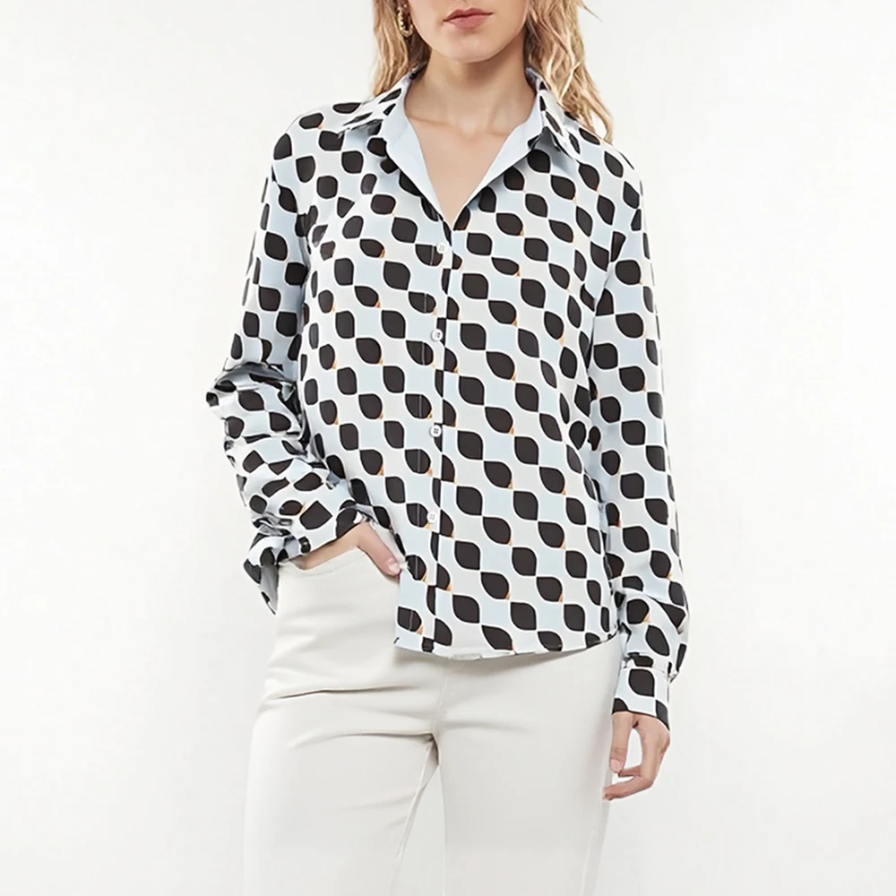 

Mia Muse 2025 Women's Shirts Autumn Chic Full Print Button Open Front Long Sleeve Shirt Collar Mature Vibe Shirts