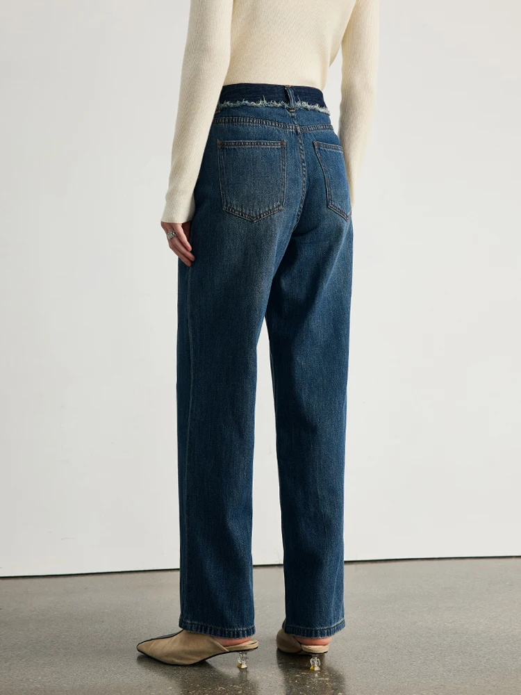 

Loose Leg Pants Straight Cut Slimming Detail Waist Design Old Money Style Spring Autumn Wide Leg Jeans Women's Fashion