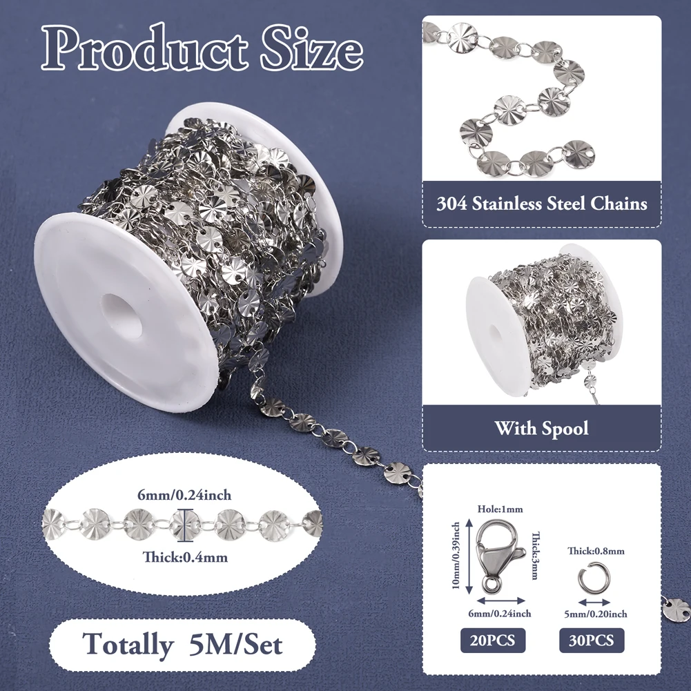 5M Stainless Steel Flat Round Link Chains with Jump Ring Lobster Claw Clasp for Women Chain Bracelet Necklace Jewelry DIY Making