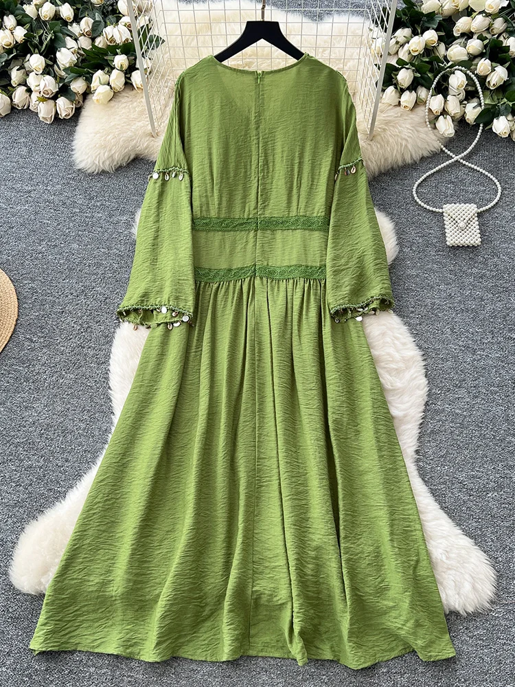 Dames zomerjurk vintage etnische stijl kant patchwork uitlopende mouwen losse afslanken casual effen kleur lange vestidos DS163