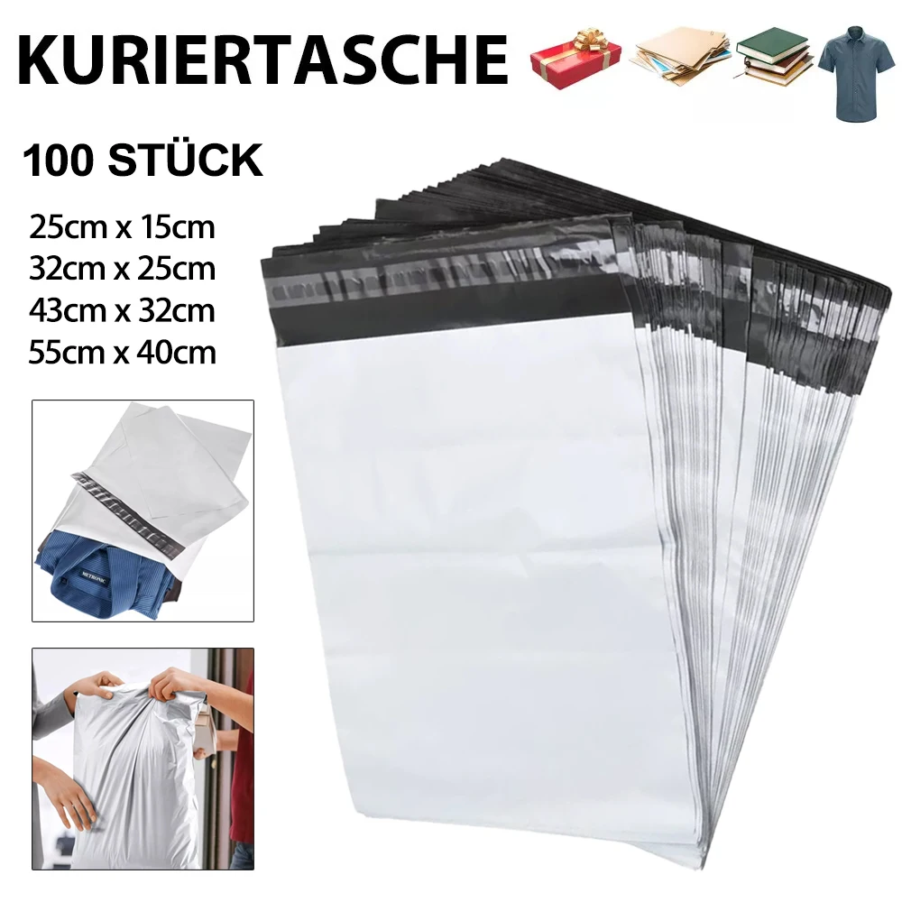 100Pcs Plastic Express Envelopes with Self-Adhesive Seal, 25x15cm/32x25cm/43x32cm/55x40cm, Waterproof Shipping Bags, Courier Storage Pouches, for Document Clothing Small Items Packaging, Tear