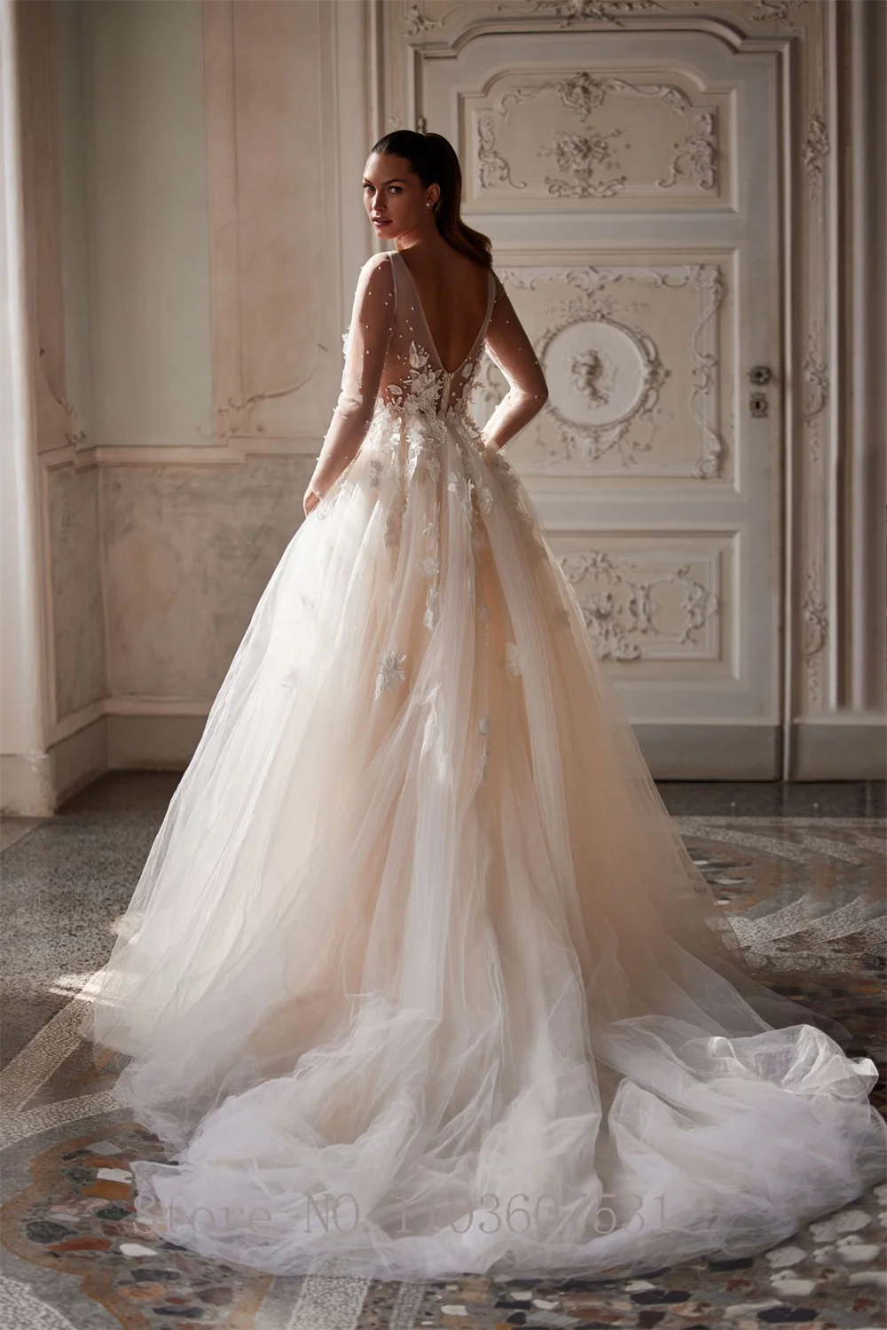 Spaghetti Straps Applique Tulle V-neck Beaded Wedding Dress for Bride A-line Court Wedding Gown with Long Illusion Sleeve