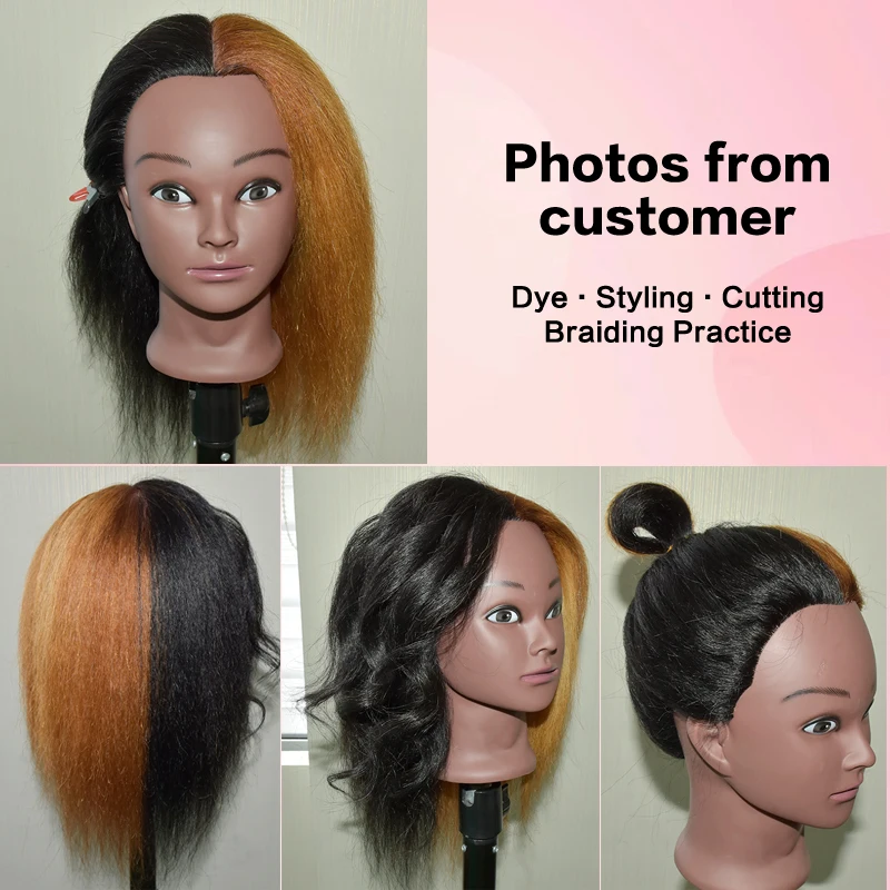 Afro Black Long Straight Hair Human Hair Training Mannequin Head with Hair for Braiding Cornrow Practice Training Mannequin Head