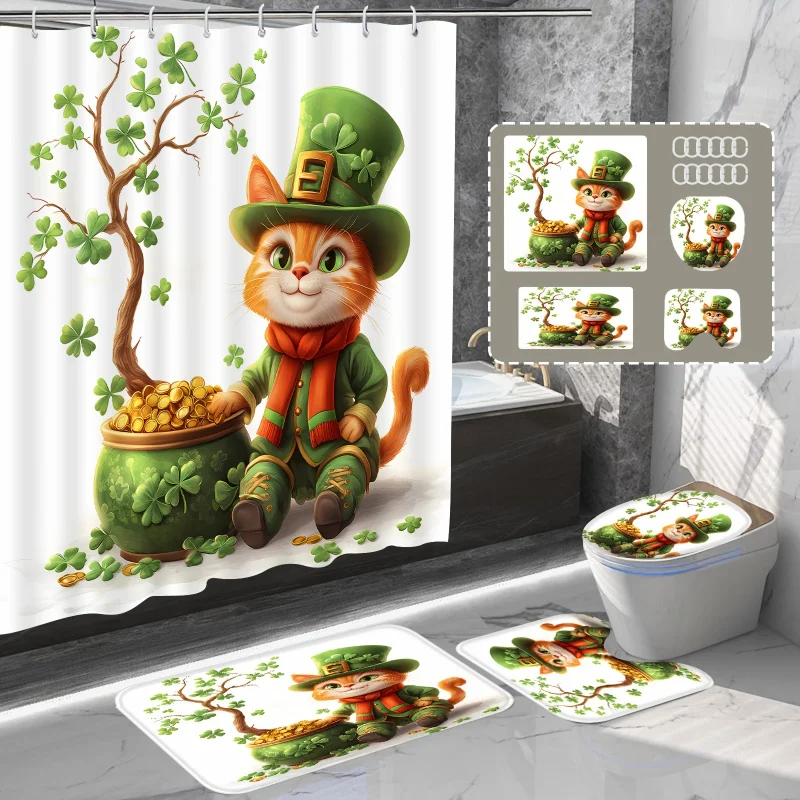 1pc/4pcs St. 's Day , Happy St. Patrick's Green Clover, Cute Cat Treasure Shower Curtain, Free Hook, Set In