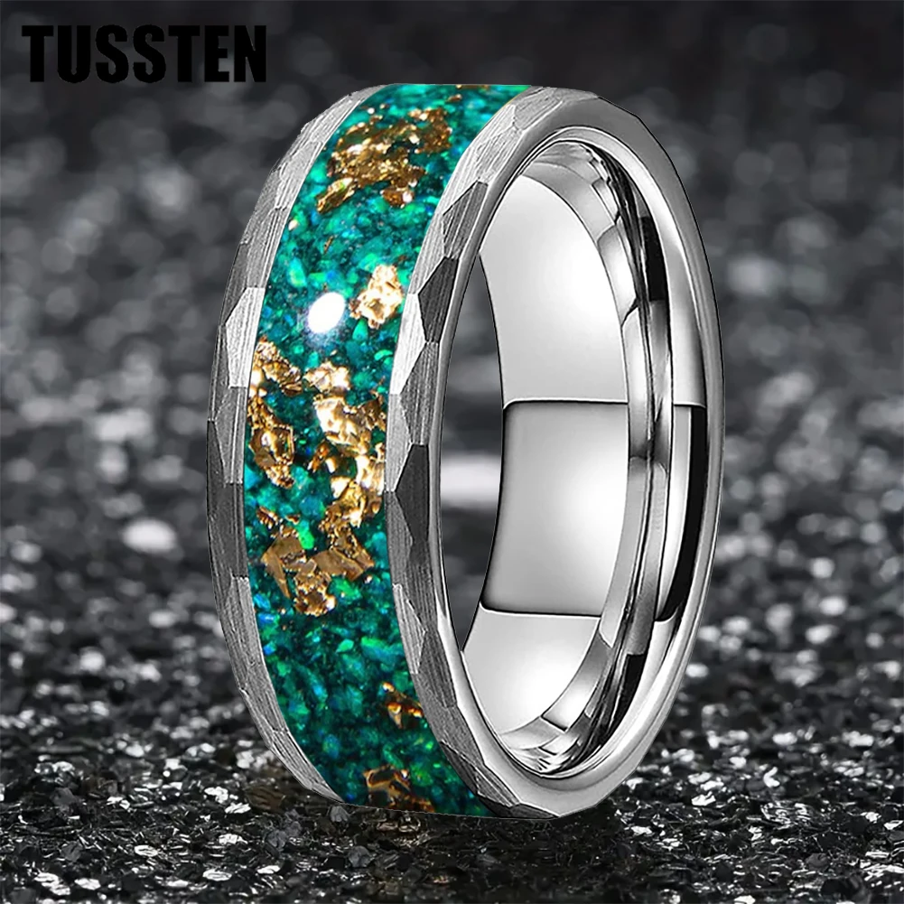 TUSSTEN 8mm Engagement Wedding Band for Men Women Gold Foil and Opal Chip Inlay Black Hammered Tungsten Carbide Ring