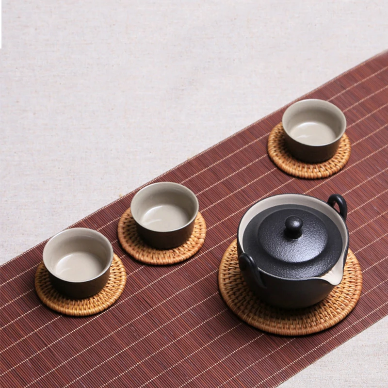 

6pcs Placemat Pad Coasters Kitchen Table Mat Rattan Coaster Drink Bowl Pads Padding Mat Insulation Round Placemats Hand-made