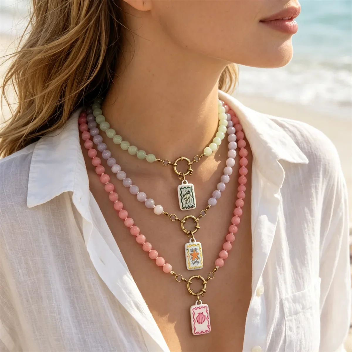 Colorful Beaded Layered Necklace Pastel Stone Bead Tarot Card Pendant Vintage Gold Chain Beach Boho Jewelry For Women