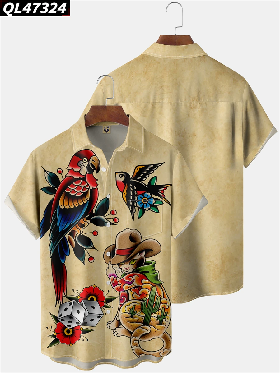 Quick Dry Loose Animal Print Beach Shirt Single Button Top Summer Men's Short Sleeve Hawaiian Shirt