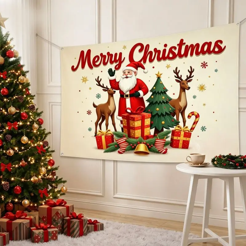 VIKAMA Wall Tapestry Merry Christmas Believe Red Plaid Santa Sleigh Trees Banner Wall Hanging Home Decor Living Room Bedroom