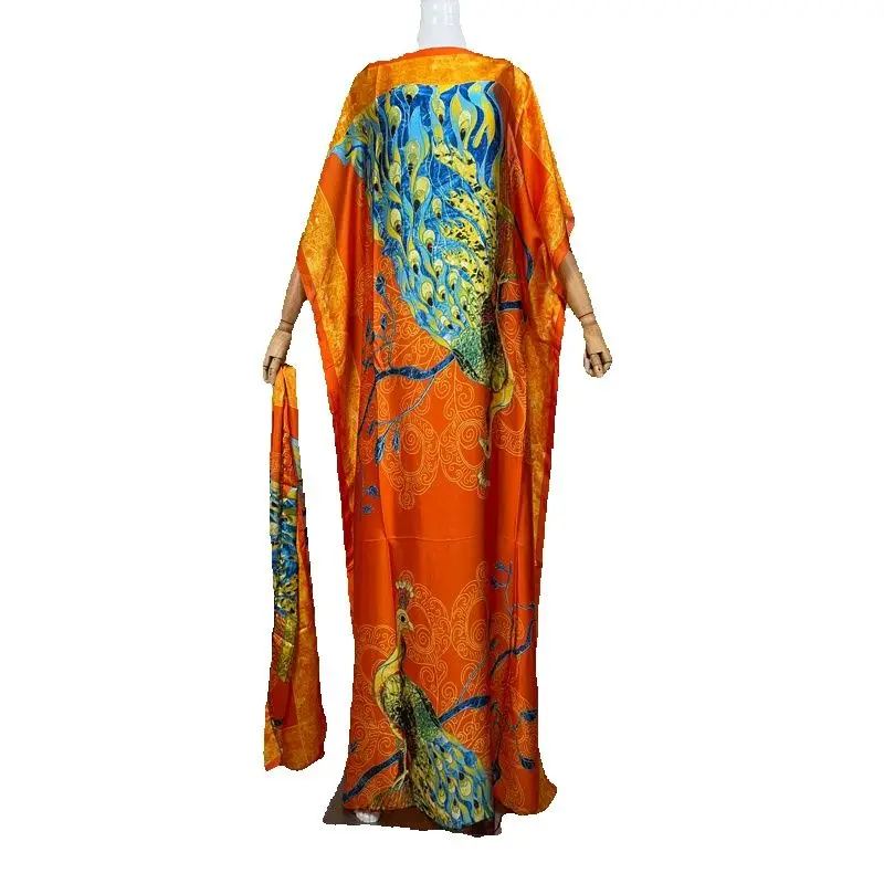 2023 African Women Bohemian Silk Printed Long Dress With Scarf Summer Promotion Muslim Lady Quality Robe Kaftan Dress