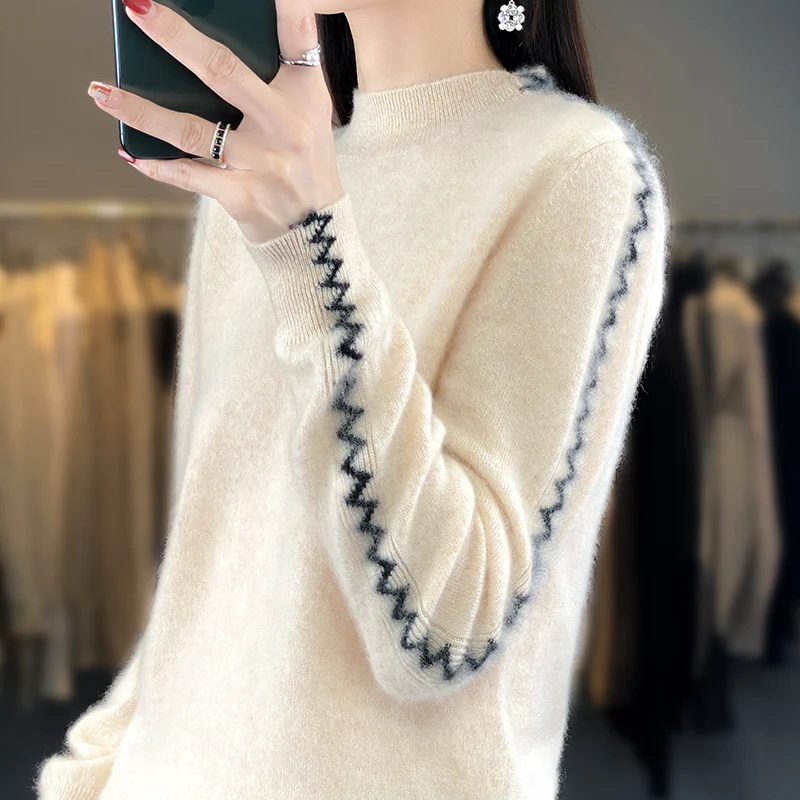 2023 Autumn Winter New 100% Merino Wool Women Half High Collar Sweater Knitted Pullover Long Sleeve Casual Top Clothes M-8138