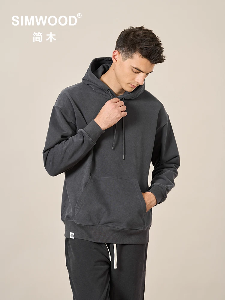 SIMWOOD 2024 Autumn New New Hooded Hoodies Men Thick 360g Fabric Solid Basic Sweatshirts Quality Jogger Texture Pullovers