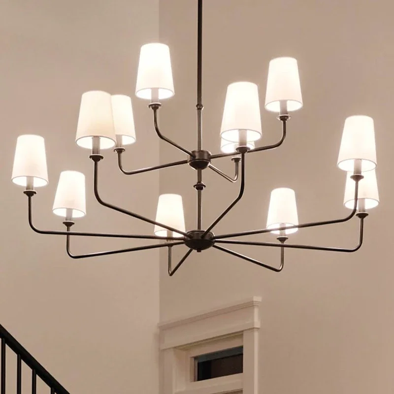 Retro Fabric Lamp American Wrought Iron Kitchen Island Restaurant Living Room Polished Gold Black Village Chandelier