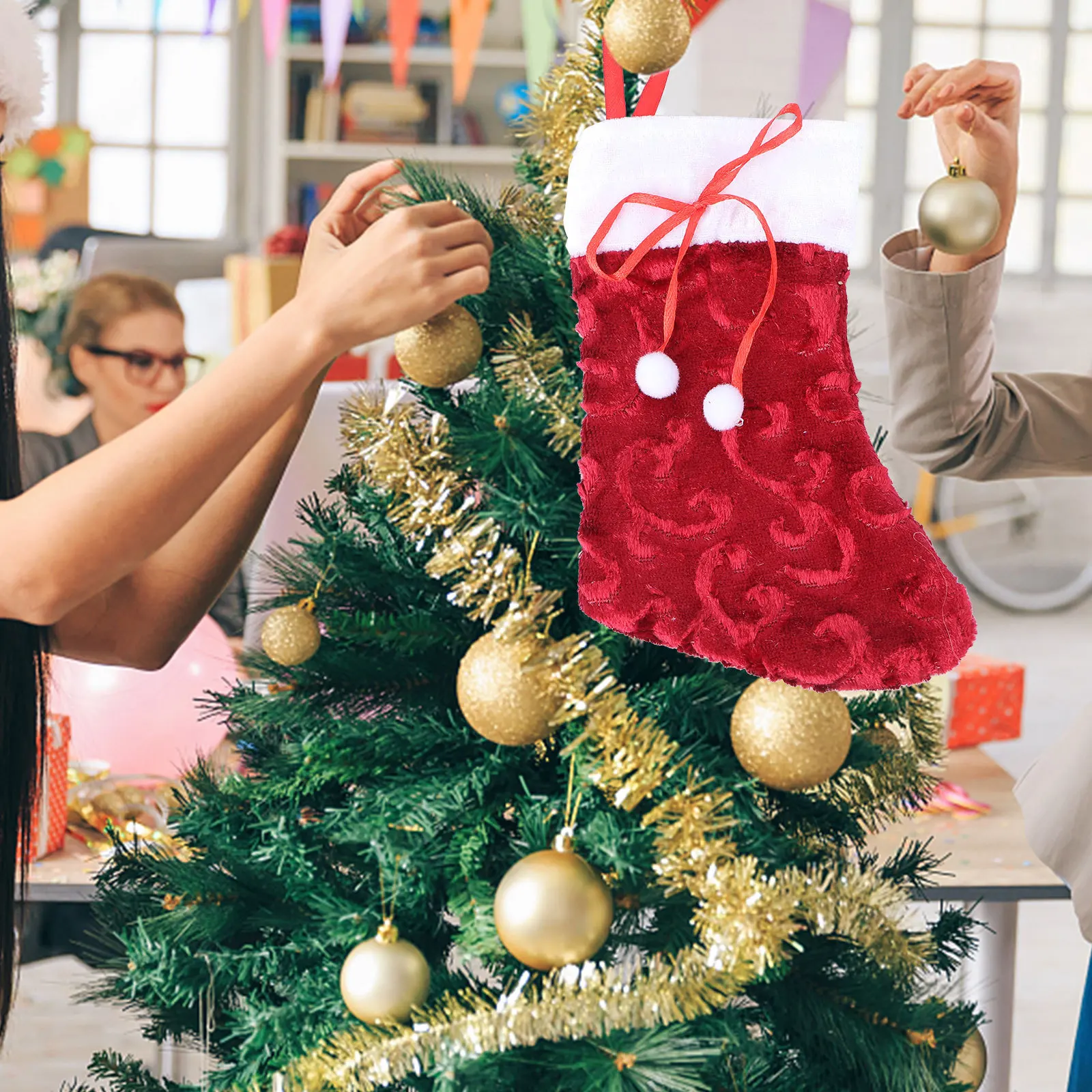 

6Pcs Christmas Stockings Cheerful Color Drawstring Candy Bags Gift Holders Hanging Xmas Decoration Christmas Stocking