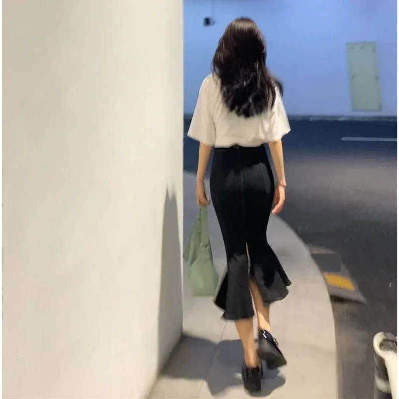 ارتفاع الخصر Bla غير المتكافئة فاي الذيل الدنيم تنورة المرأة حجم صغير التخسيس مثير فتاة Bodycon تول هيم ميدي تنورة